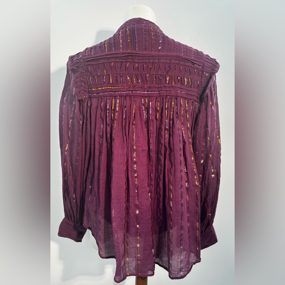 Farm Rio Burgundy Pleated Yoke Metallic Stripe Long Sleeve Button Blouse XS - Picture 9 of 11